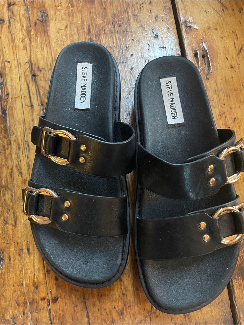 Steve Madden Black Dual-Strap Slides with Gold Rings size 7.5